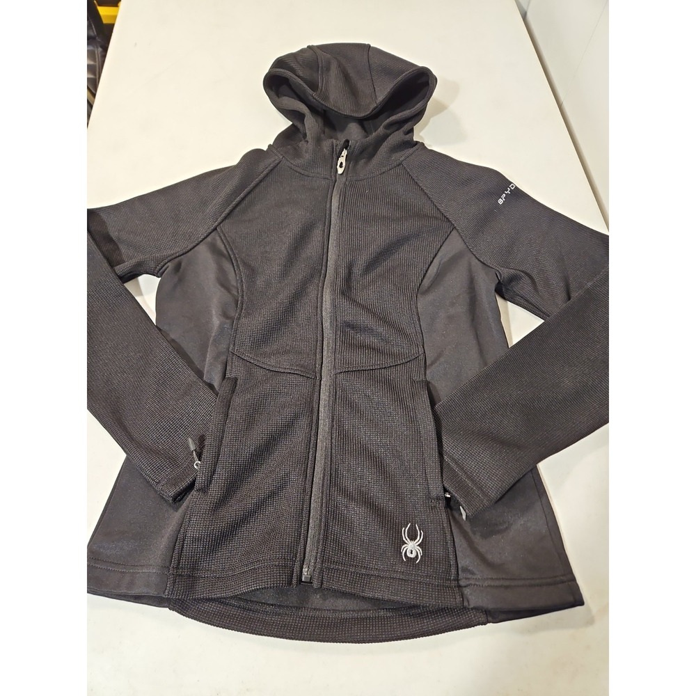 Spyder Hooded Jacket Full Zip Womens Small Black Zip Pockets 100% Poly NWT (1962